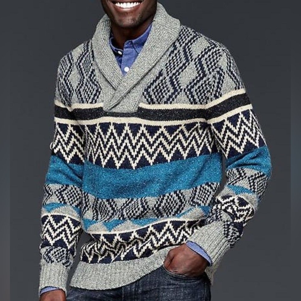 Vintage Gap Geo Fair Isle Wool & Alpaca blend Knitted Shawl Collar Sweater